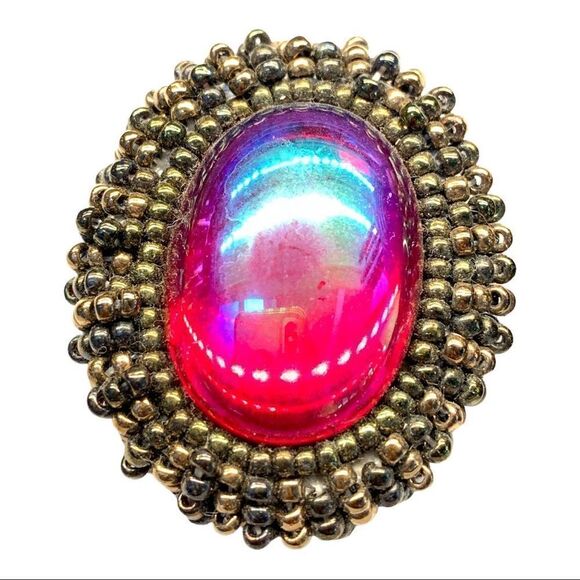 -Vintage red European iridescent glass w/ ox gold beaded earrings pierced art - Picture 5 of 10